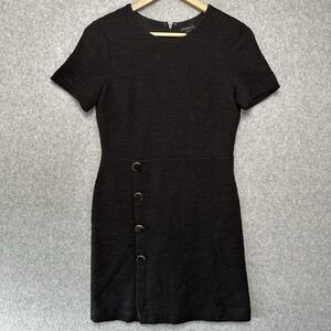 Ann Taylor Womens A-Line Black Short Sleeve Dress Boucle Button Accents Size 4P